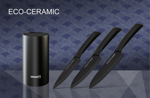 Набор из 3-х ножей Samura ECO CERAMIC SKC-004B (SC-0021B,SC-0082B,SC-0084B и подставка KBF-102)